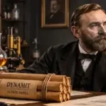 Historisk illustration af Alfred Nobel i et laboratorium med dynamit