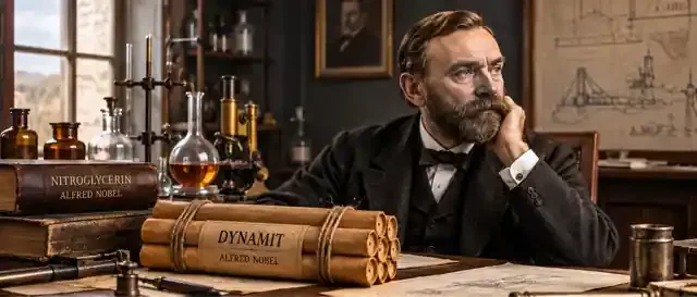Historisk illustration af Alfred Nobel i et laboratorium med dynamit